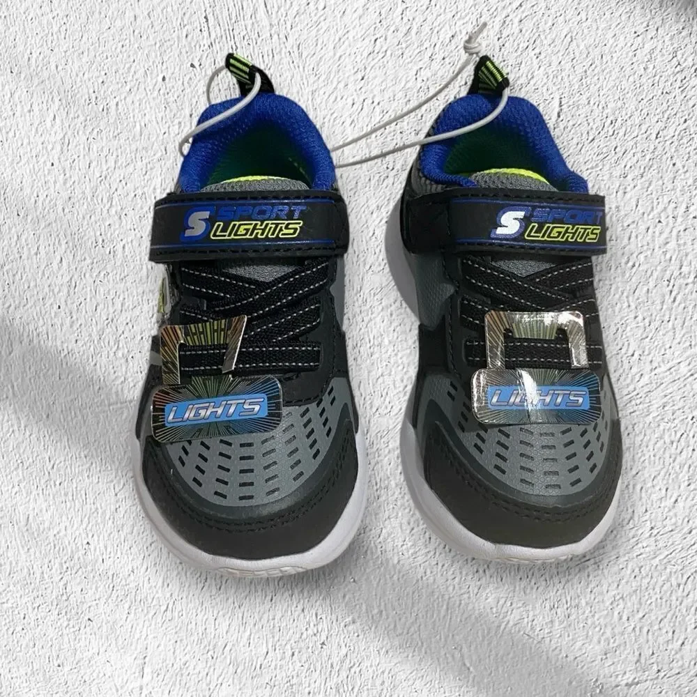 SKECHERS Sneakers S Lites NEW Light Up No tie Straps Black Blue Infant Size 5